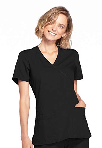 Cherokee Women's Mock Wrap Top Workwear Originals with Rib-Knit Back Panels WW650, S, Black - Image 1
