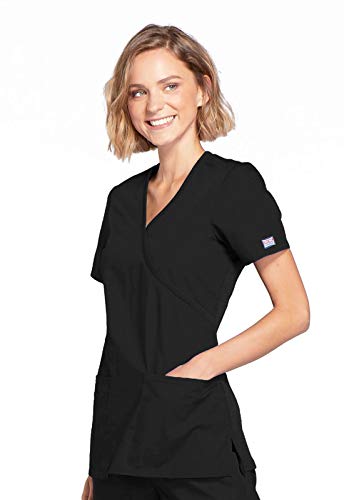 Cherokee Women's Mock Wrap Top Workwear Originals with Rib-Knit Back Panels WW650, S, Black - Image 3