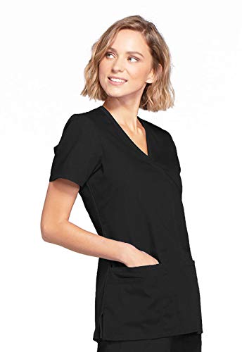 Cherokee Women's Mock Wrap Top Workwear Originals with Rib-Knit Back Panels WW650, S, Black - Image 5