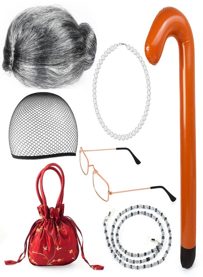 Yewong Old Lady Costume Set - Grandmother Wig,Costume Glasses,Wig Caps, Pearl Necklace, Glass Chain, Inflatable Cane, Handbag (Grey) - Image 1