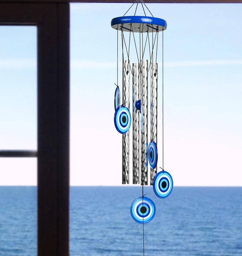 ZAICUS Turkish Evil Eye Wind Chimes – Metal Hanging Décor for Home, Balcony, Entrance & Living Room – 27-inch Chime for Positive Energy & Housewarming Gift (4 Pipe) - Image 4