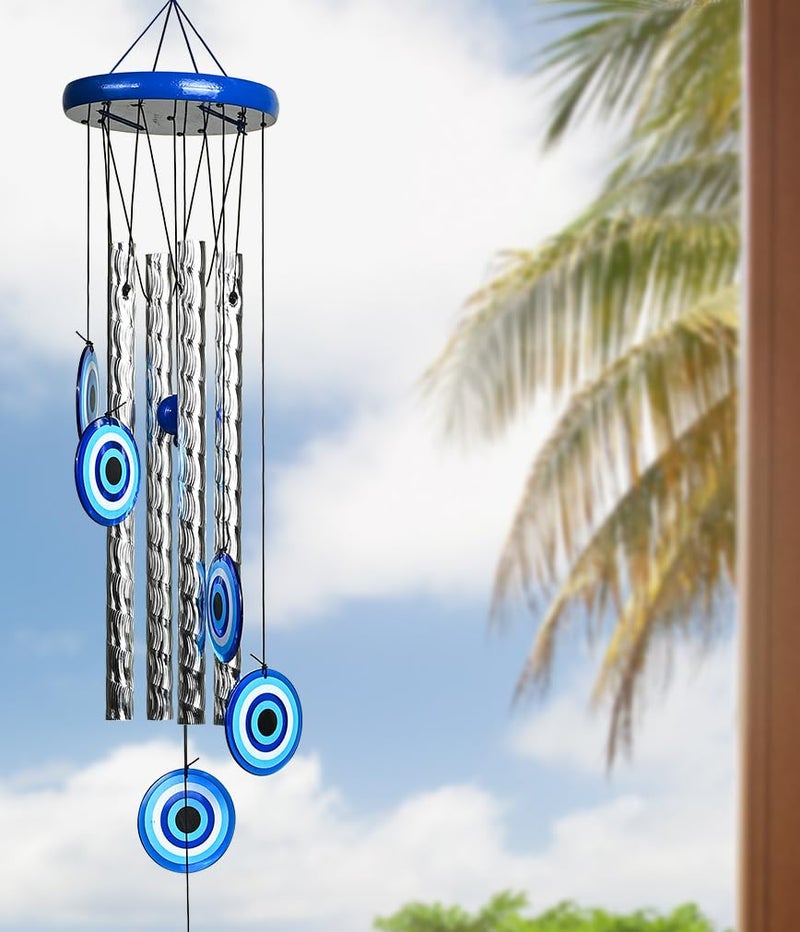 ZAICUS Turkish Evil Eye Wind Chimes – Metal Hanging Décor for Home, Balcony, Entrance & Living Room – 27-inch Chime for Positive Energy & Housewarming Gift (4 Pipe) - Image 3