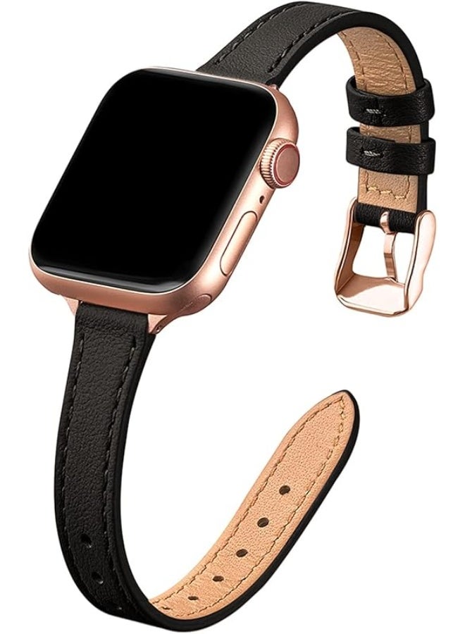 أوليسون شرائط جلدية رقيقة متوافقة مع Apple Watch Band 42 مم 44 مم 45 مم 49 مم (سلسلة 11,10,9,8,7,6,5,4، SE) ، أعلى حبوب جلدية ساعة معصم رقيق لـ iWatch SE 9 8 7 6 5 4 3 2 1 (الذهب الوردي الأسود) - Image 1