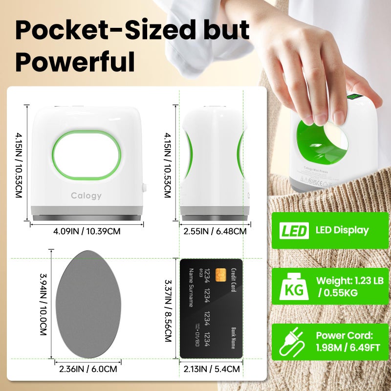 Calogy Super Mini Heat Press Machine, Fast Up to Max 410â„‰ in 3Mins & 4 Heating Setting with LED Display, Mini Iron for Crafting with Precision Tip, Easy for Small Objects Like Shoes, Hats(White Green) - Image 2