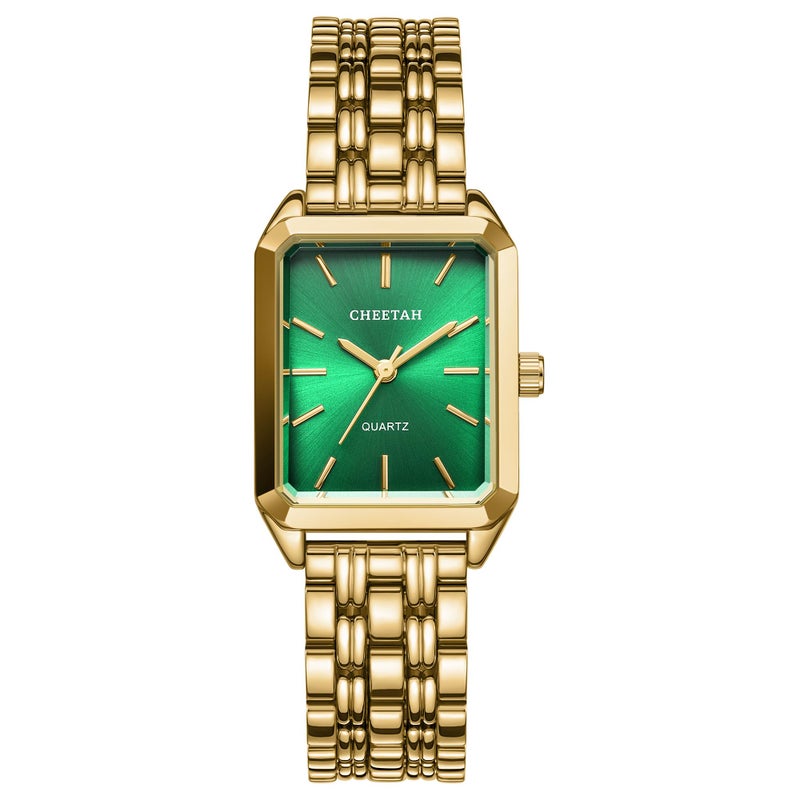 CHEETAH Womens GoldTone Dainty Watch Green Dial Retro Style Rectangular Case and Stainless Steel Band Gift for Her - Image 2