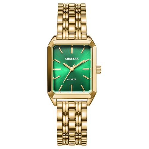 CHEETAH Womens GoldTone Dainty Watch Green Dial Retro Style Rectangular Case and Stainless Steel Band Gift for Her - Image 1