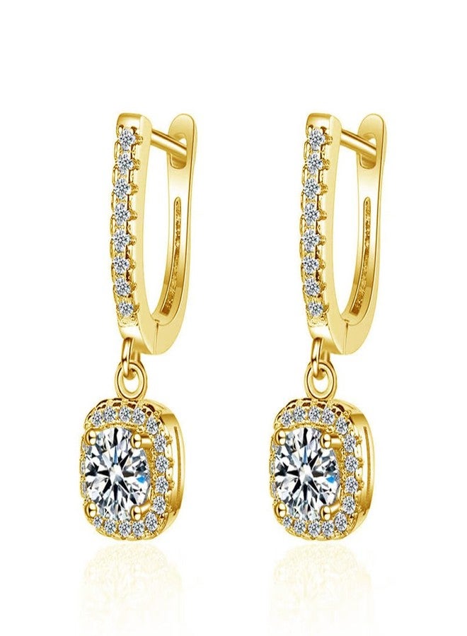 Dtja Classic Cubic Zirconia Dangle Hoop Earrings for Women Silver-Tone Princess Cut Square Halo CZ Charms Drop Dangling Leverback Stud Dainty Birthday Wedding Anniversary Jewelry (Golden) - Image 1