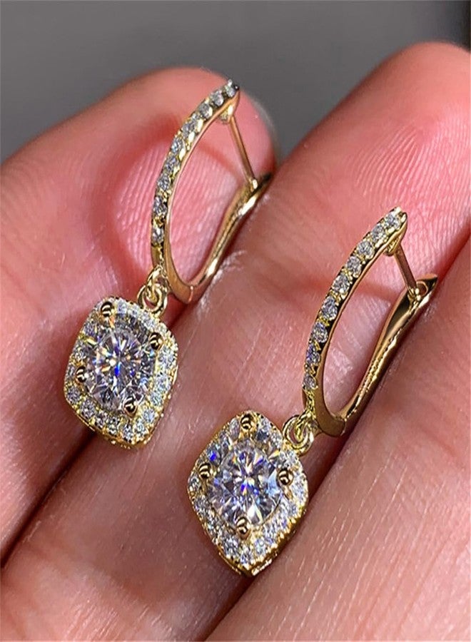 Dtja Classic Cubic Zirconia Dangle Hoop Earrings for Women Silver-Tone Princess Cut Square Halo CZ Charms Drop Dangling Leverback Stud Dainty Birthday Wedding Anniversary Jewelry (Golden) - Image 4