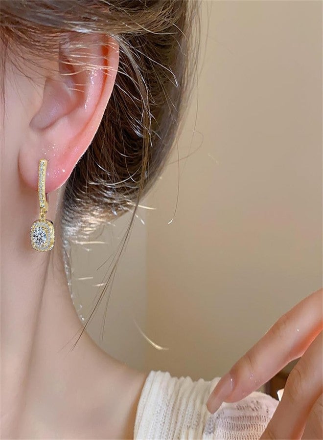 Dtja Classic Cubic Zirconia Dangle Hoop Earrings for Women Silver-Tone Princess Cut Square Halo CZ Charms Drop Dangling Leverback Stud Dainty Birthday Wedding Anniversary Jewelry (Golden) - Image 2