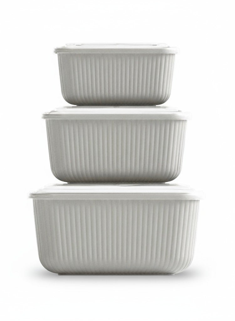 طقم 3 علب طعام مستطيلة بغطاء محكم سلسلة لاين بلاستيك آمن بدون BPA (600 مل – 1100 مل – 1800 مل) أوعية آمنة للميكروويف. بيج - Image 1