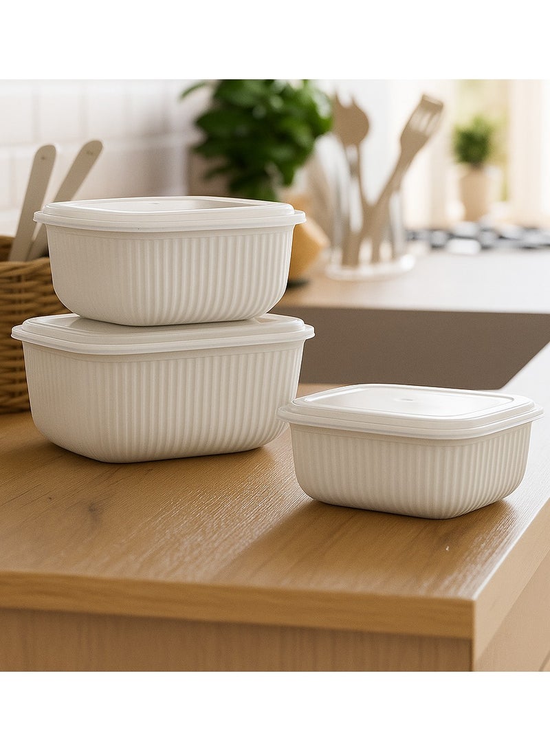 طقم 3 علب طعام مستطيلة بغطاء محكم سلسلة لاين بلاستيك آمن بدون BPA (600 مل – 1100 مل – 1800 مل) أوعية آمنة للميكروويف. بيج - Image 3