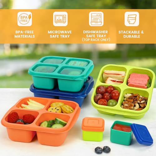 Caperci Lunchable Snack Containers - 4 Pack Bento Snack Boxes with 4-Compartment, 2 Leakproof Dip Cups, Reusable Divided Food Containers for School, Work, Travel (Jewel Brights) - Image 4