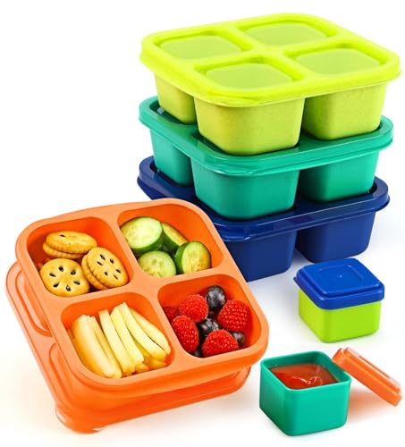 Caperci Lunchable Snack Containers - 4 Pack Bento Snack Boxes with 4-Compartment, 2 Leakproof Dip Cups, Reusable Divided Food Containers for School, Work, Travel (Jewel Brights) - Image 1