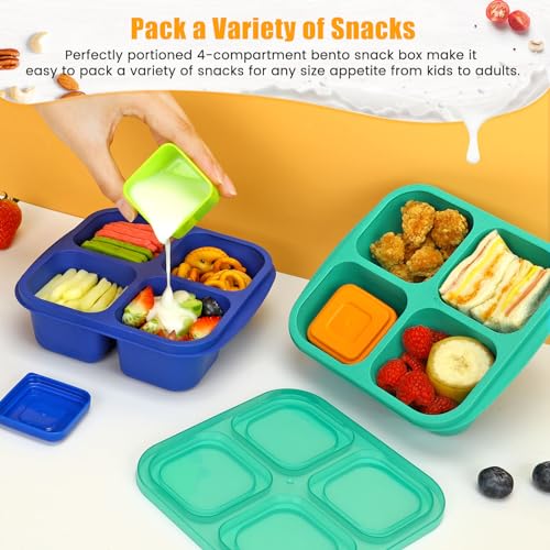 Caperci Lunchable Snack Containers - 4 Pack Bento Snack Boxes with 4-Compartment, 2 Leakproof Dip Cups, Reusable Divided Food Containers for School, Work, Travel (Jewel Brights) - Image 3