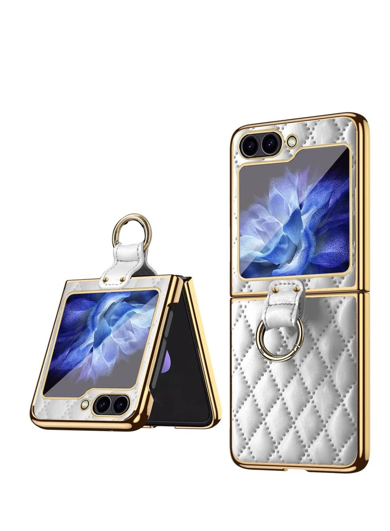 general Samsung Galaxy Z Flip 6 Case Soft Diamond Pattern Leather and Decorative Ring Folding Mobile Phone Case Simple Atmosphere Slim and Stylish Durable Anti-Fingerprint White - Image 1