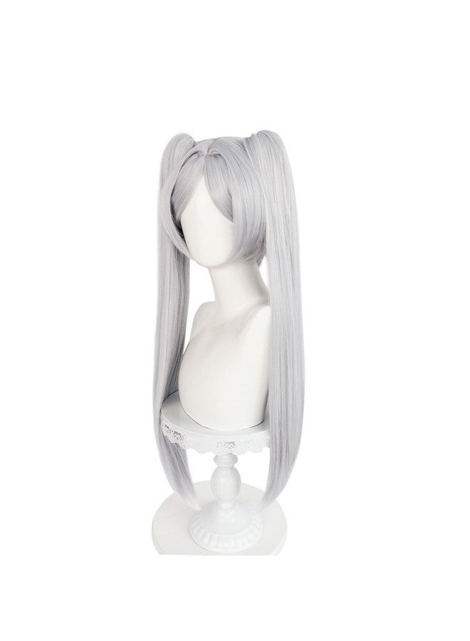 Anogol Hair Cap + Frieren Wig Cosplay Sousou no Frieren Wig White Ponytail Wig Women Long Straight Silver Wig Frieren Costume Frieren Outfit Synthetic Hair White Pigtails Wig for Halloween Party - Image 3