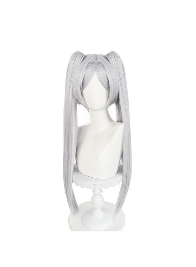 Anogol Hair Cap + Frieren Wig Cosplay Sousou no Frieren Wig White Ponytail Wig Women Long Straight Silver Wig Frieren Costume Frieren Outfit Synthetic Hair White Pigtails Wig for Halloween Party - Image 4