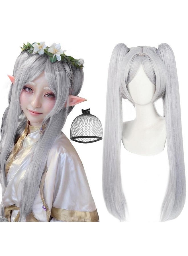 Anogol Hair Cap + Frieren Wig Cosplay Sousou no Frieren Wig White Ponytail Wig Women Long Straight Silver Wig Frieren Costume Frieren Outfit Synthetic Hair White Pigtails Wig for Halloween Party - Image 1