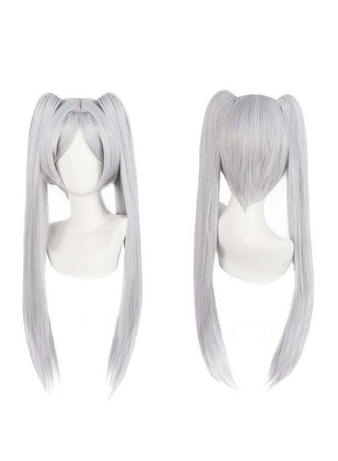 Anogol Hair Cap + Frieren Wig Cosplay Sousou no Frieren Wig White Ponytail Wig Women Long Straight Silver Wig Frieren Costume Frieren Outfit Synthetic Hair White Pigtails Wig for Halloween Party - Image 2