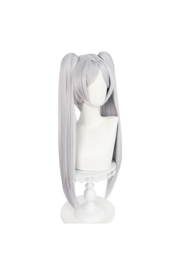 Anogol Hair Cap + Frieren Wig Cosplay Sousou no Frieren Wig White Ponytail Wig Women Long Straight Silver Wig Frieren Costume Frieren Outfit Synthetic Hair White Pigtails Wig for Halloween Party - Image 5