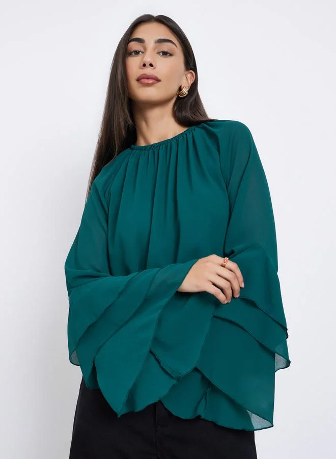 Styli Styli Green Solid Frill Detailing Bell Sleeves Chiffon Blouse