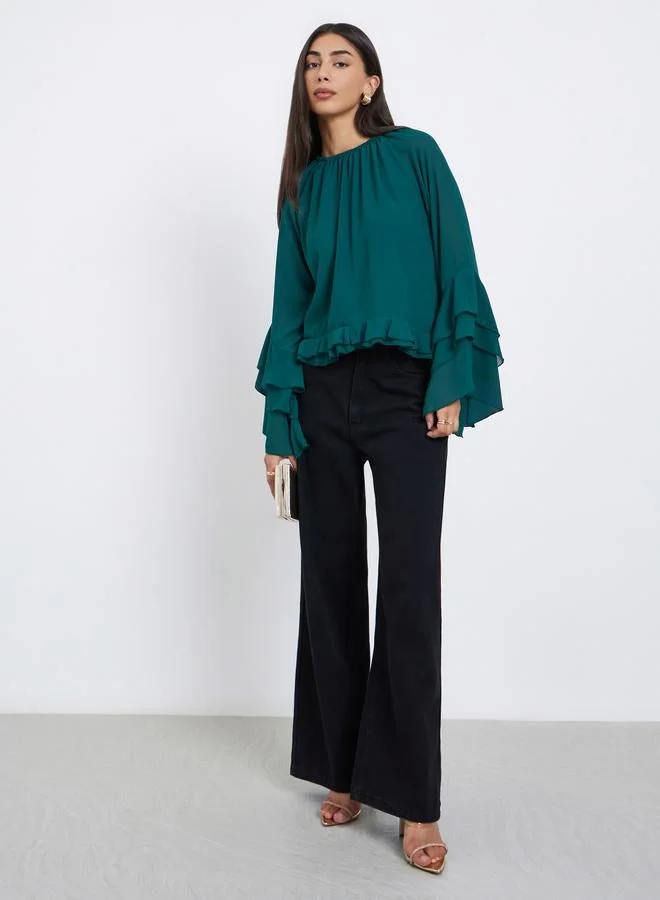 Styli Styli Green Solid Frill Detailing Bell Sleeves Chiffon Blouse