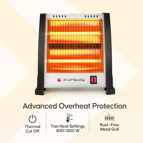 Longway Blaze 800W Halogen Room Heater | 2 Heating Rods | ISI Approved | Dual Heat Settings (400W/800W) | Compact & Portable | Shockproof ABS Body | Grey - Image 3