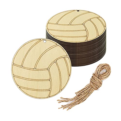 Creaides Wooden Volleyball Cutouts Crafts Volleyball Shaped Wood Hanging Sign Ornaments Wood Tags with Twines for DIY Project Sport Themed Party Decoration (3.94x3.94 in, 20 Pcs) - Image 1