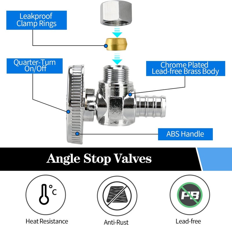 PXZBLG 20 Pack Stop Valves, 1/4 Turn Angle Stop Valves, 3/8" OD Compression × 1/2" PEX Chrome Plated Brass for Faucet, Toilet Valves - Image 3