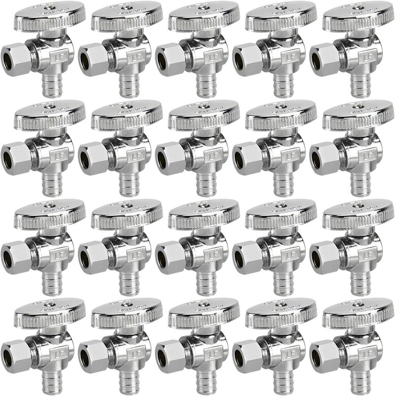 PXZBLG 20 Pack Stop Valves, 1/4 Turn Angle Stop Valves, 3/8" OD Compression × 1/2" PEX Chrome Plated Brass for Faucet, Toilet Valves - Image 1