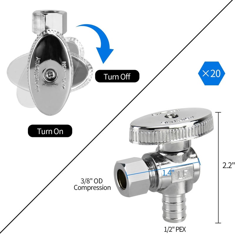 PXZBLG 20 Pack Stop Valves, 1/4 Turn Angle Stop Valves, 3/8" OD Compression × 1/2" PEX Chrome Plated Brass for Faucet, Toilet Valves - Image 2