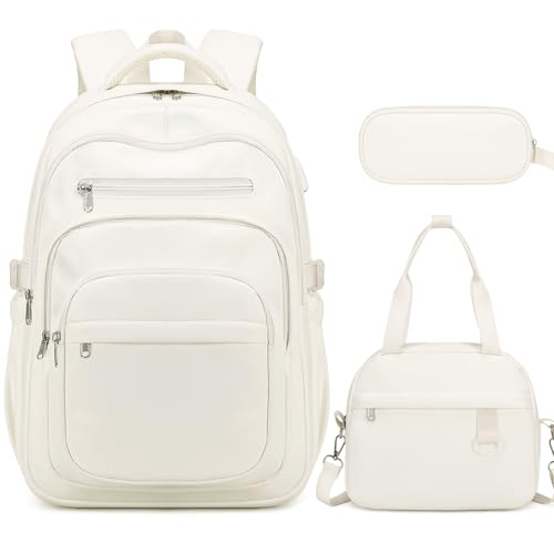 DIGOBAY Backpack for School Girls Boys College Backpack with Lunch Bag Pencil Case for Teens Kids Elementary Middle High School Casual MultiPocket Travel Daypack with USB Port for Women Men Beige - Image 1
