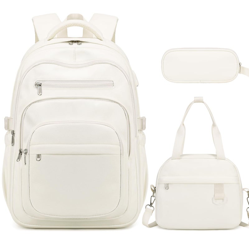 DIGOBAY Backpack for School Girls Boys College Backpack with Lunch Bag Pencil Case for Teens Kids Elementary Middle High School Casual MultiPocket Travel Daypack with USB Port for Women Men Beige - Image 2