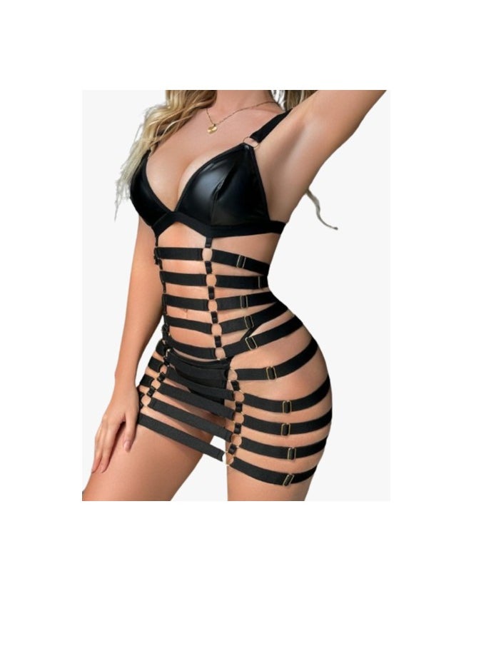 Hanady Elegant Women's Lingerie Nightgown: Enjoy enchanting nights and unparalleled elegance - Leather + Elastic - Black Babydoll  - Image 3