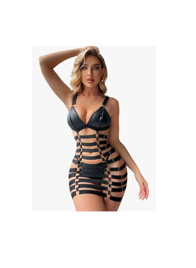 Hanady Elegant Women's Lingerie Nightgown: Enjoy enchanting nights and unparalleled elegance - Leather + Elastic - Black Babydoll  - Image 1