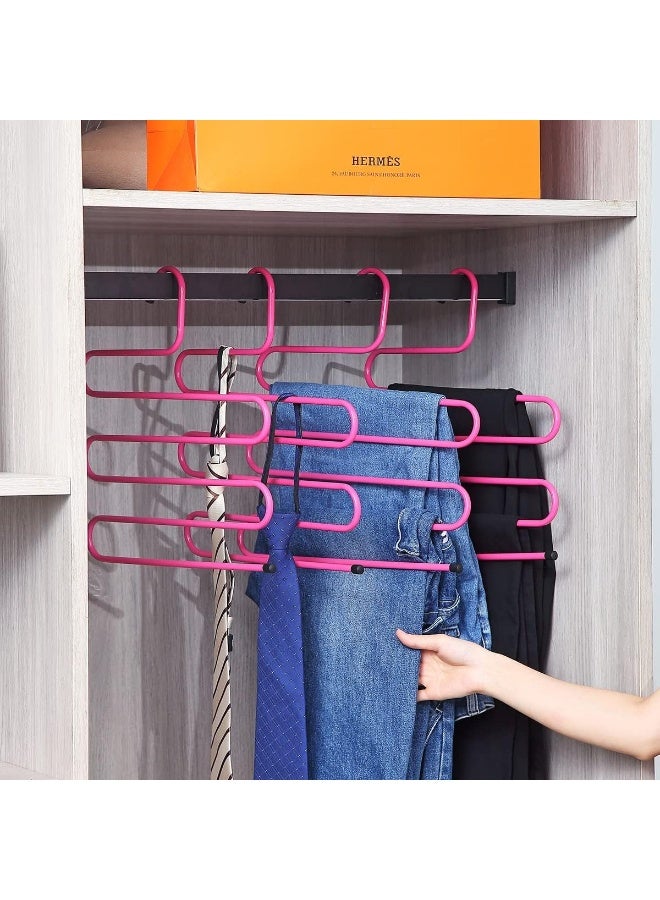 Happy Home 4 Pack Pants Hangers S Shaped Non Slip Trouser Hanger Stainless Steel S-Shape 5-Tier Clothes Hanger, Closet Space Saving, Hangers Closet Storage Organizer for Pants, Jeans, Scarves, Towels Hanging -Pink - Image 3