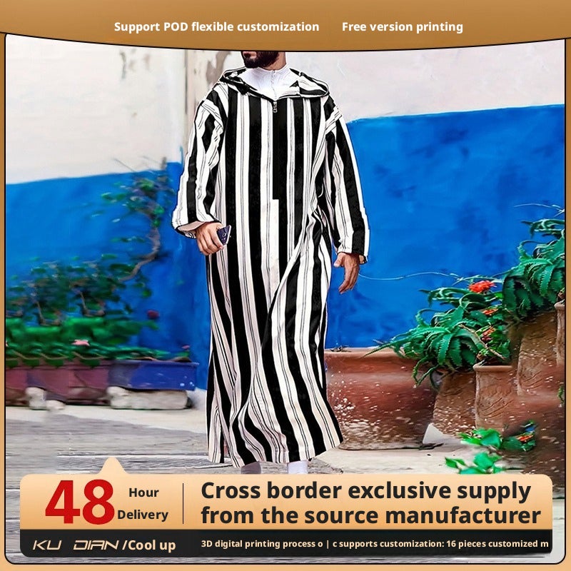 Men's Summer Moroccan Hooded 3D Digital Print Loose Kurta - Image 2