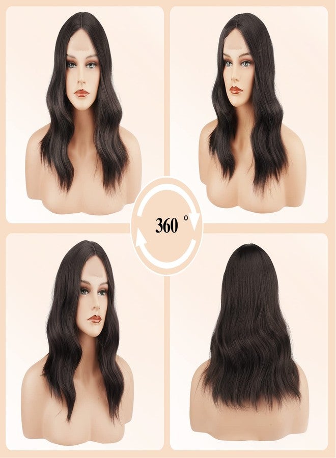 فيشبن شعر مستعار صناعي ناعم وأملس من فيشفين، بني داكن مموج، بطول 16 بوصة، مع مقدمة دانتيل، وفرق وسطي، وطول متوسط يصل إلى الكتفين، مثالي لحفلات الزفاف والمناسبات الأخرى. - Image 2