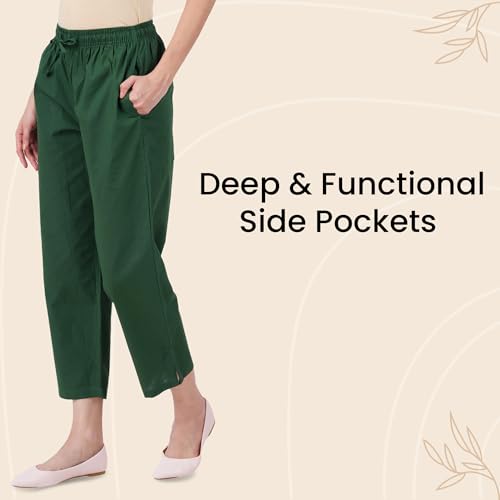 Happy Bunny Parallel Pants for Women 100% Cotton Ankle Length Trousers Regular Fit with Elastic Drawstring Stylish & Pockets Casual Formal Wear for Office & Home (MED, Dark Green) - Image 3