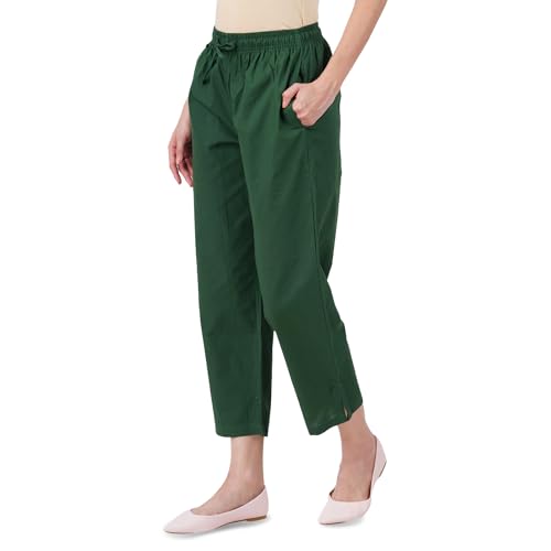 Happy Bunny Parallel Pants for Women 100% Cotton Ankle Length Trousers Regular Fit with Elastic Drawstring Stylish & Pockets Casual Formal Wear for Office & Home (MED, Dark Green) - Image 1