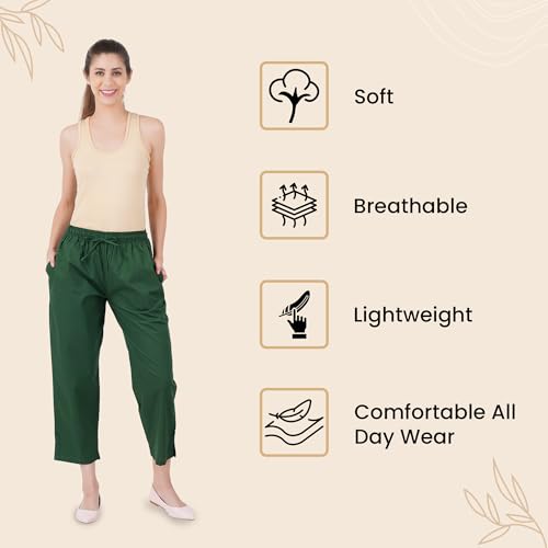 Happy Bunny Parallel Pants for Women 100% Cotton Ankle Length Trousers Regular Fit with Elastic Drawstring Stylish & Pockets Casual Formal Wear for Office & Home (MED, Dark Green) - Image 4