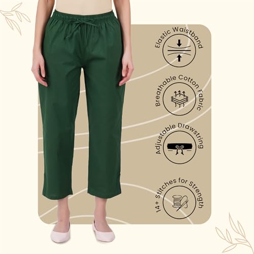 Happy Bunny Parallel Pants for Women 100% Cotton Ankle Length Trousers Regular Fit with Elastic Drawstring Stylish & Pockets Casual Formal Wear for Office & Home (MED, Dark Green) - Image 2