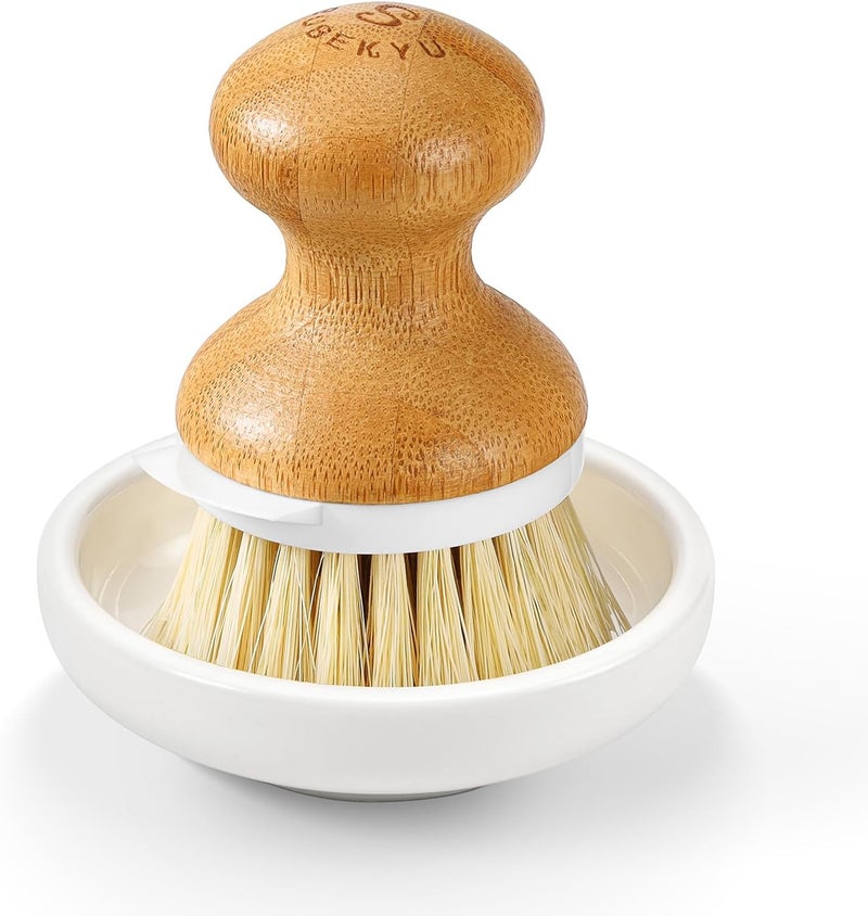 SUBEKYU Bamboo Dish Brush, Kitchen Dish Scrubber Brush, Natural Wooden Dishwashing Brush for Cleaning Dishes/Pans/Pots, Built-in Scraper, Sisal Bristles,1 Set - Image 1
