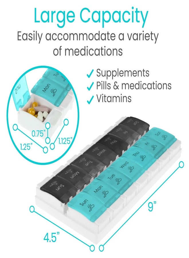 Vive Pill Organizer 2 Times a Day - Weekly Large Am Pm Pill Box 7 Day - Day and Night Medication Dispenser for Vitamin, Supplements, Fish Oil - Travel Pill Case Arthritis Friendly with Push Button - Image 2