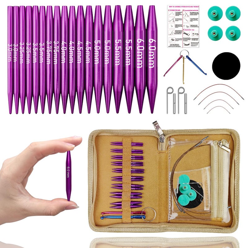 Lewhoo Circular Knitting Needles Set with 4 Cables, 9 Pair Short Aluminum Knitting Needle with Case 3.0~6.0mm Purple - Image 1