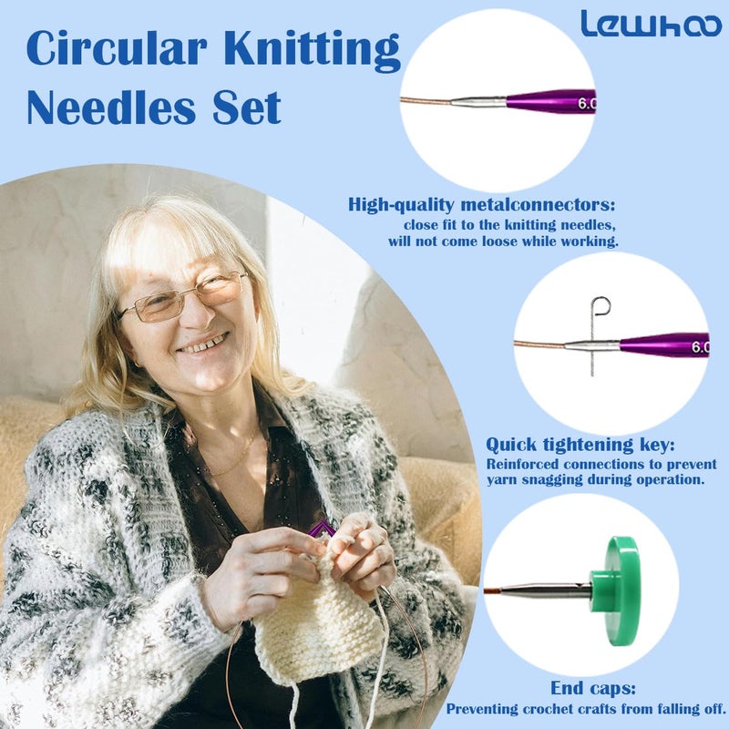Lewhoo Circular Knitting Needles Set with 4 Cables, 9 Pair Short Aluminum Knitting Needle with Case 3.0~6.0mm Purple - Image 3