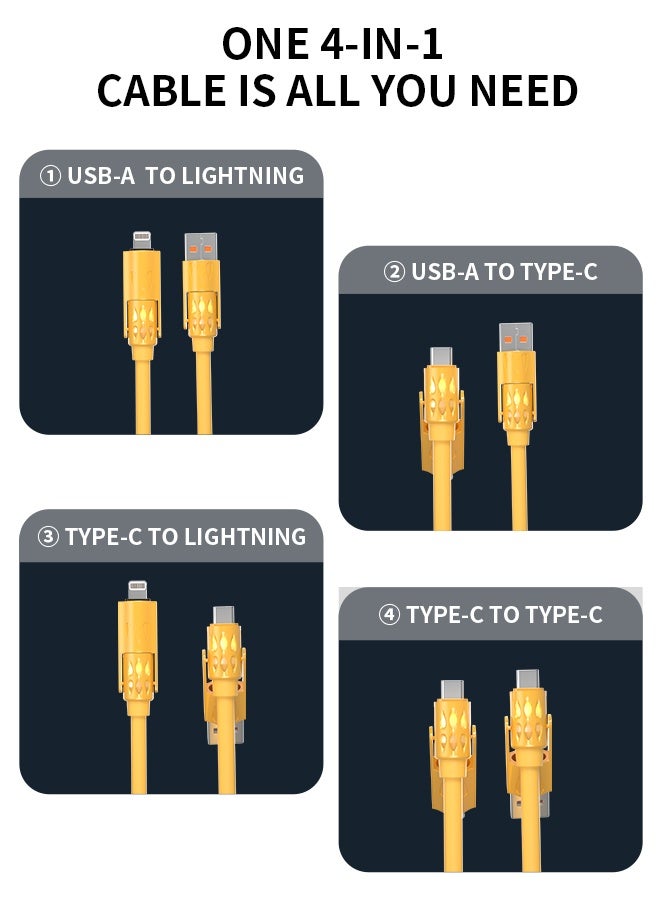 WAPIK Korean Brand 4-in-1 Fast Charging Cable 60W, USB-A & Type-C to Type-C / Lightning, Liquid Silicone, 480Mbps, Yellow - Image 4