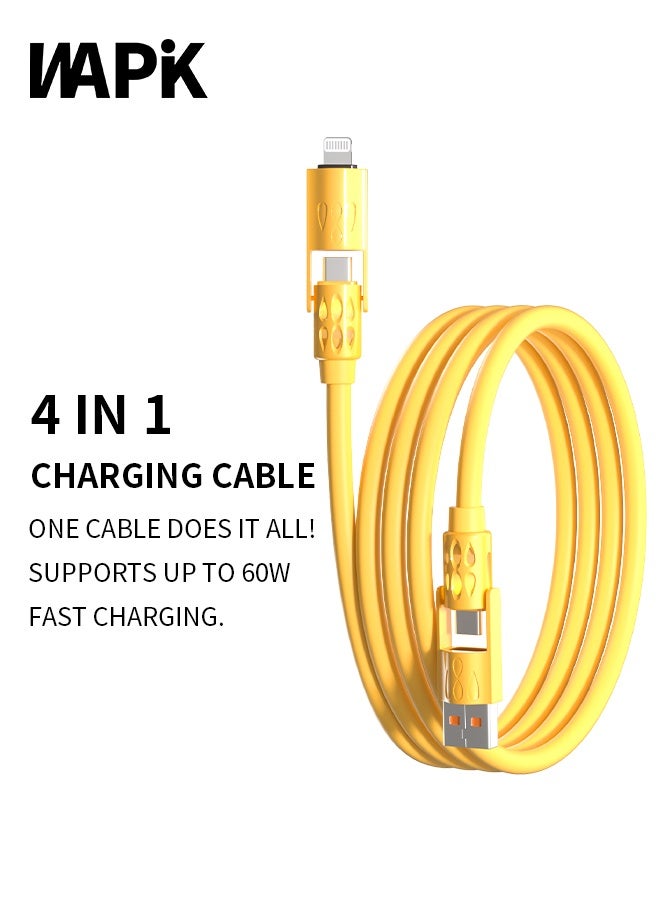وابيك كابل شحن سريع 4 في 1 من علامة كورية، قوة 60 واط، USB-A و Type-C إلى Type-C / Lightning، سيليكون سائل، نقل بيانات 480Mbps، أصفر - Image 1