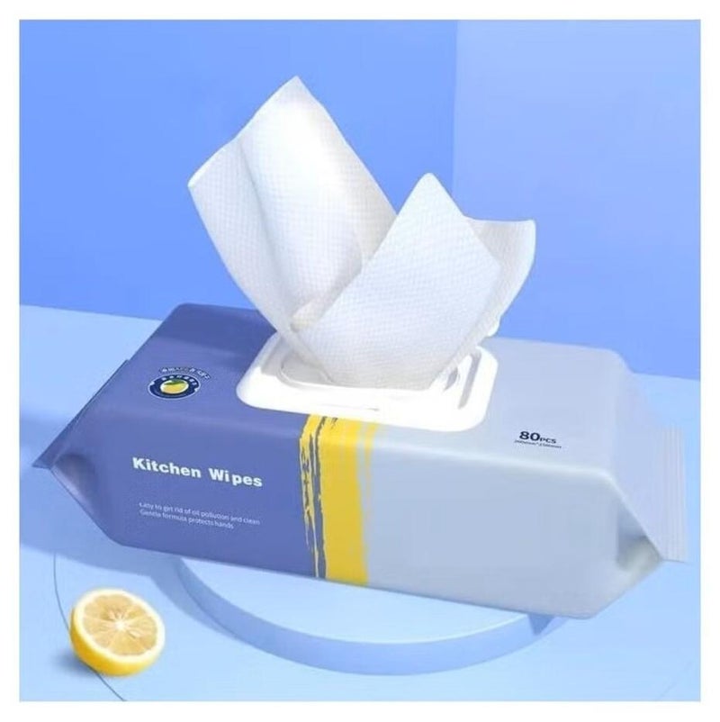 مناديل دهون مطبخ مبللة للاستعمال مرة واحدة 80 منديل- مناديل مطعم قوية لإزالة الشحوم والبقع الغذائية وتنظيف الطاولات الزجاجية المبللة - Image 1