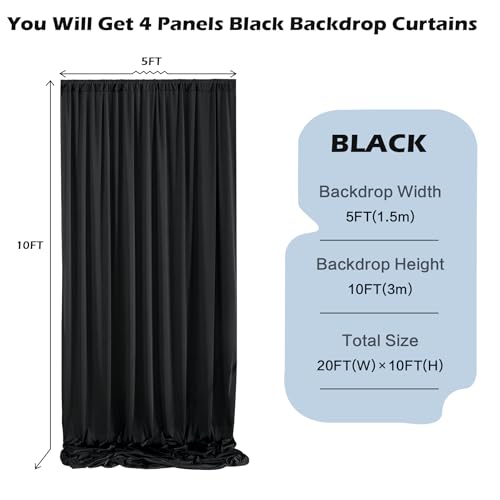 NSSONBEN 20ft x 10ft Wrinkle Free Black Backdrop Curtain for Parties Weddings, 4 Panels Silk Polyester Black Drapes for Backdrop 10 ft Photo Back Drop Cloth for Birthday Graduation Photography Background - Image 2